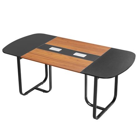 Conference Table, 6 ft Oval Office Meeting Table for 6-8 Person, Modern Seminar Desk with Metal Legs, Large Meeting Desk for Office, Boardroom, Conference Room, Easy Assembly, Black & Brown