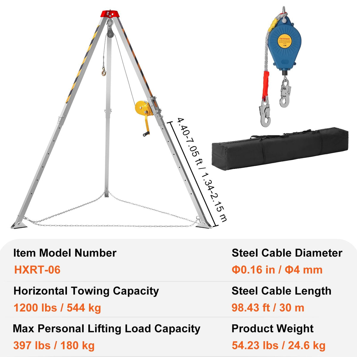 Confined Space Tripod Kit, Confined Space Tripod 7' Legs Bracket and 98' Cable, Confined Space Rescue Tripod 32.8' Fall Protection, 1200 lbs Winch, Storage Bag