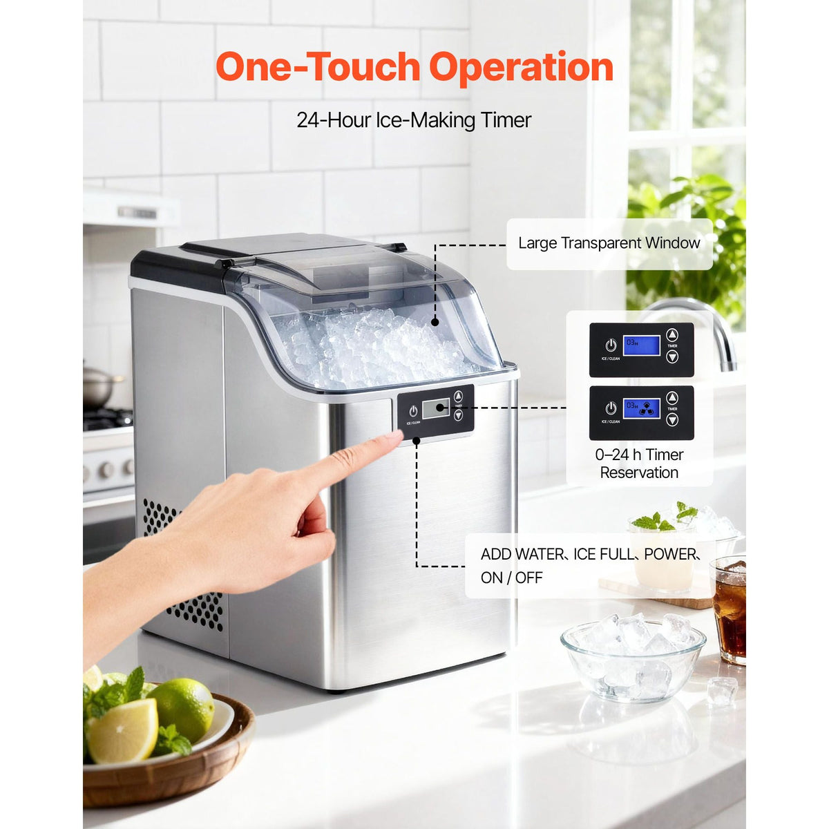 Countertop Ice Maker, 44 lbs per Day, Self-Cleaning Portable Machine with Scoop, 4 lbs Ice-Storage Basket, Nugget Ice-Making Machine with Chewable Ices for Home, Kitchen, Office, Bar & Party