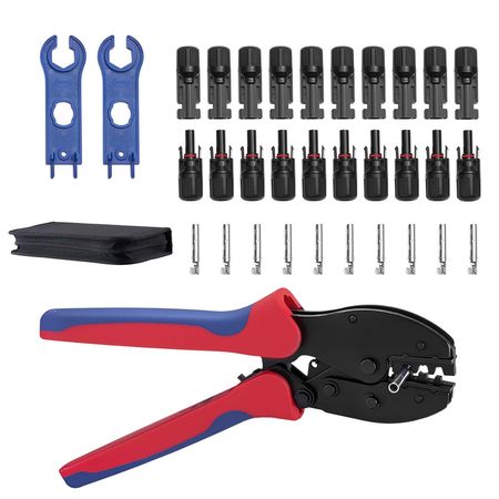Crimping Tool, 14-10 AWG Ratcheting Solar Connector Crimper Tool Kit, Clear Metric & AWG Markings, with 10 Pairs Solar Connectors, 10 Pairs of Cable Connectors, Wrenches, and a Storage Case