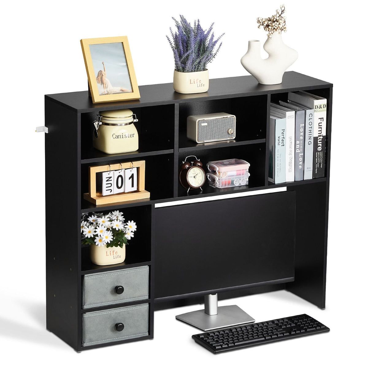 Desktop Bookshelf, 3-Tier Desktop Storage Organizer, 37" x 10" x 31.1" Office Storage Rack Wood Display Shelf, Desktop Bookshelf Hutch with Two Fabric Drawers, for Office, Home & Dorm, Black