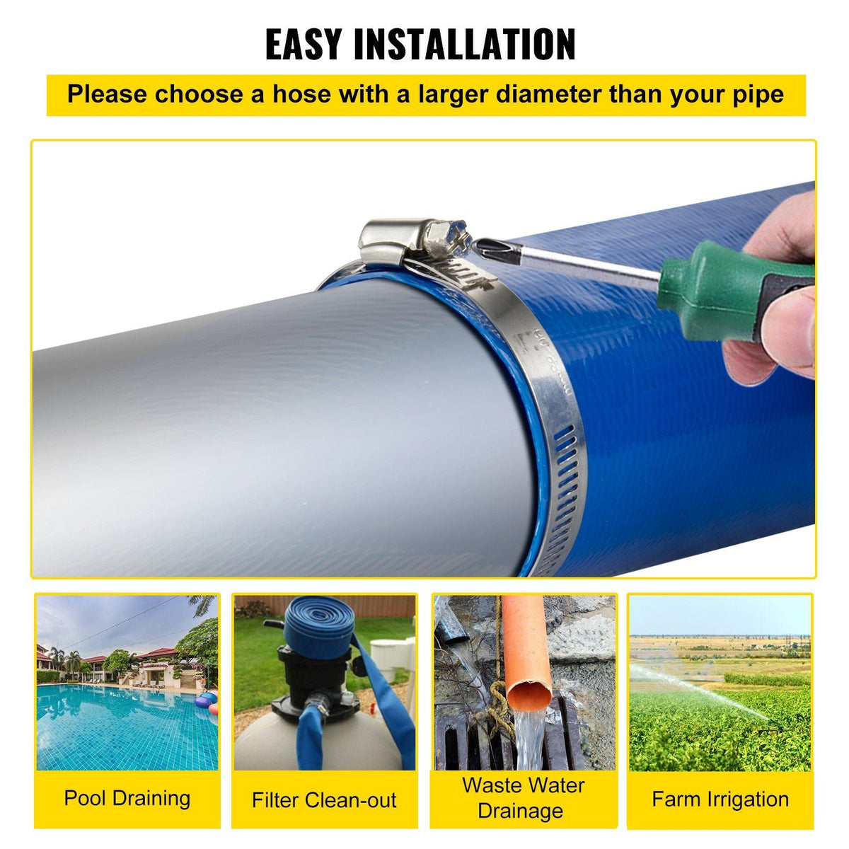 Discharge Hose, 1-1/2" x 100', PVC Fabric Lay Flat Hose, Heavy Duty Backwash Drain Hose with Clamps, Weather-proof & Burst-proof, Ideal for Swimming Pool & Water Transfer, Blue
