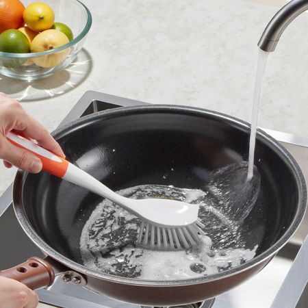 Dish Brush, 4 Pack Kitchen Scrub Brushes with PP Handle, Dish Cleaning Brushes with Curved Bristles, Ideal for Pots, Pans, Sink and Stove, 2 Gray + 2 Orange