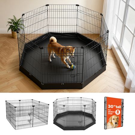 Dog Playpen 30 Inch 8 Panels Foldable Exercise Pen with Bottom Pad, Indoor Metal Pet Fence with Door, Heavy Duty Puppy Crate Kennel, Pet Playpen for Dogs, Cats, and Other Small Animals, Black