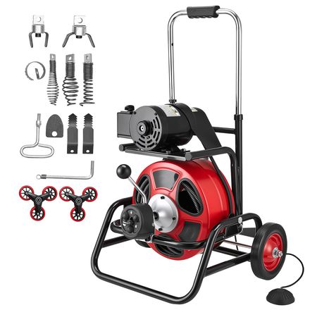 Drain Cleaner Machine 100 FT x 1/2 Inch, Auto Feed Sewer Snake Auger, Portable Drain Cleaning Machine with Climbing Wheels, Adjustable Drum, 8 Cutters & Foot Switch for 2" to 6" Pipes