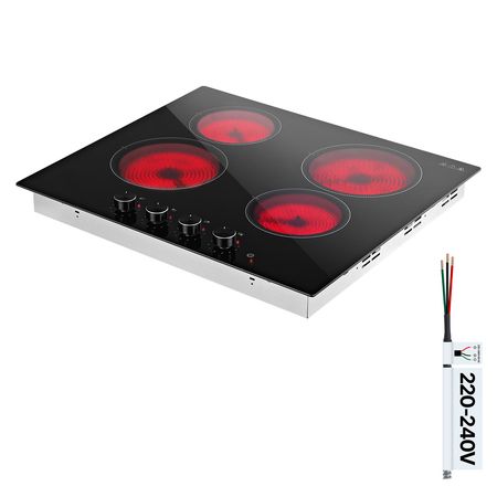 Electric Cooktop 24inch 4 Burners Stove Top 6000W 220V No Plug, Ceramic Built-in Radiant Electric Stove , with 11 Power Levels, Over-Heat Guard, Knob Control, for Diverse Cooking Requirements