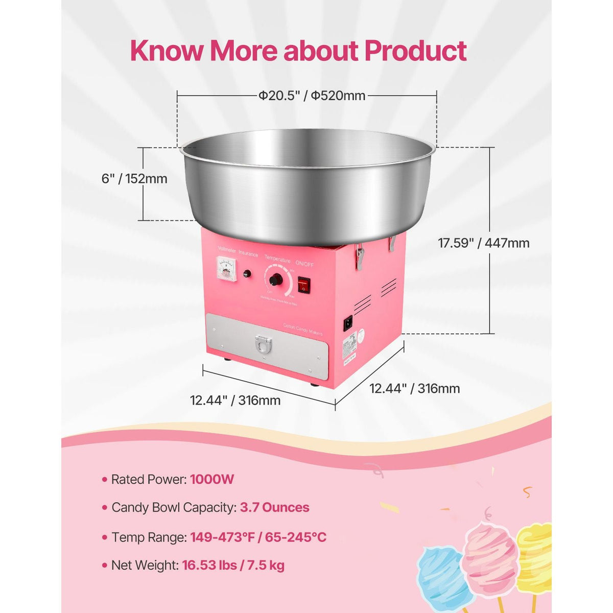 Electric Cotton Candy Machine, 1000W Commercial Candy Floss Maker with 20.5 in Stainless Steel Bowl, Sugar Scoop, and Drawer, Easy Home Use, Perfect for Kids Birthday, Family Party, Pink