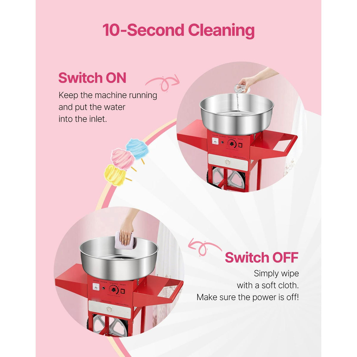 Electric Cotton Candy Machine with Cart, 1000W Commercial Candy Floss Maker with 20.5 in Stainless Steel Bowl, Sugar Scoop, and Drawer, Easy to Use, for Home, Kids Birthday, Family Party, Red