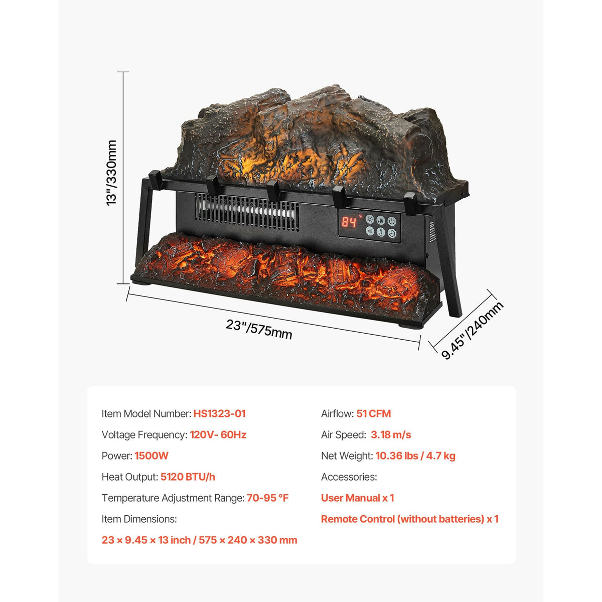 Electric Fireplace Log, 23 inch Fireplace Insert Log Heater, with Crackling Sound,Remote Controller, 5 Adjustable Flame Brightness, Timer, Overheat Protection, Thermostat, for Home Decor Black