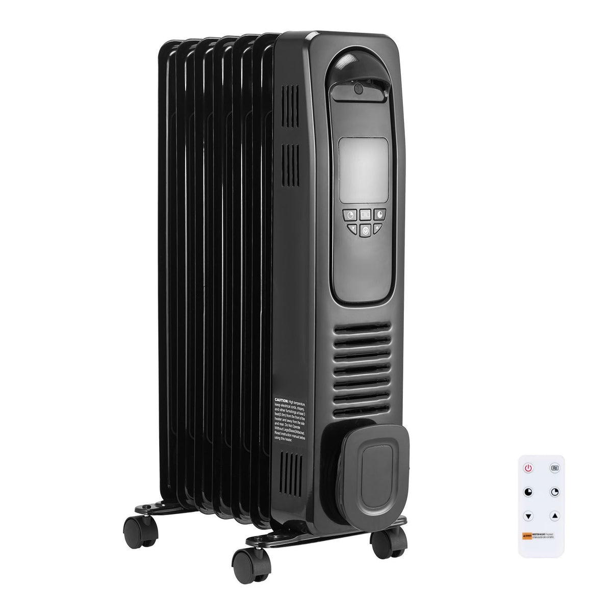 Electric Oil Filled Radiator, 1500W Radiant Space Heater with LED Screen, Over-Heat Protections,24h Timer, Portable Handle Casters, Thermostat,Remote Control for Indoor Use,Black