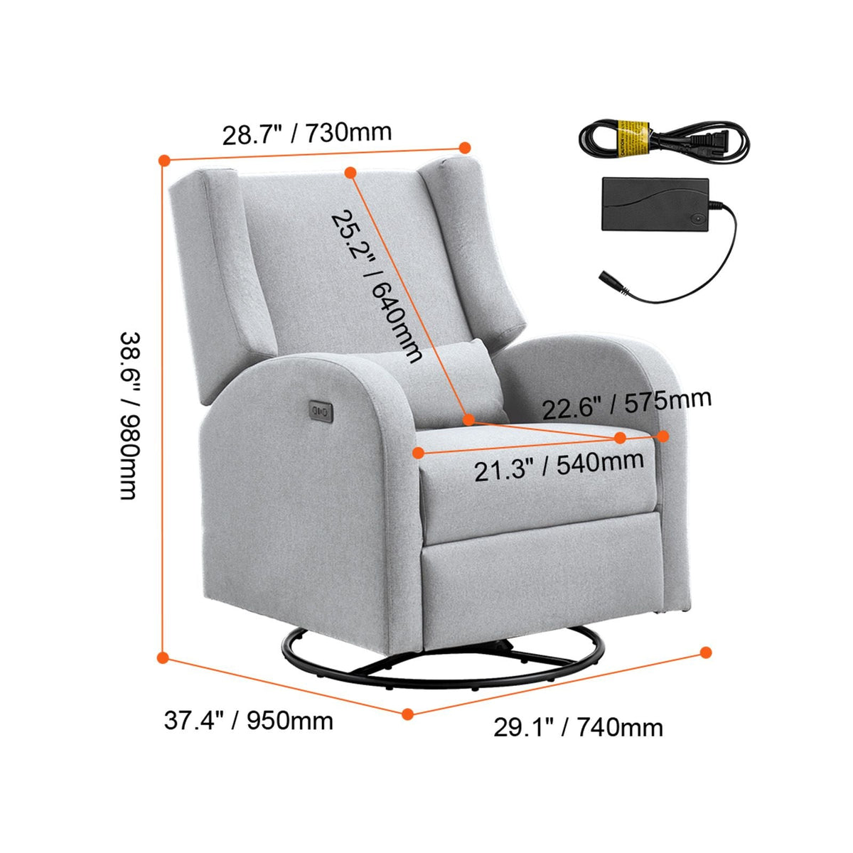 Electronic Power Recliner and Swivel Glider, 250 lbs Weight Capacity Swivel Glider Recliner Chair with USB Port, Polyester Surface Swivel Rocker Recliner for Living Room, Bedroom, Light Gray