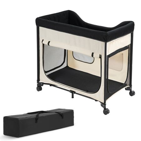 Elevated Lounge Pet Bed, Foldable Bunk Dog Bed with 600D Oxford Cloth and Dutch Velvet, Portable Raised Cot with Wheels, Side Storage Bags, and Carry Bag for Cats & Dogs, L, Beige