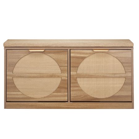Entryway Shoe Bench, 38.9 x 9.4 x 19.7 Inch Rattan-Like Shoes Bench with Flip Drawers, 440lbs Shoe Storage Rack with Cushion, 4 Compartments and Rattan Doors, for Hallway, Living Room, Bedroom