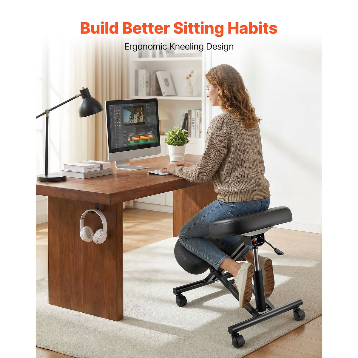 Ergonomic Kneeling Chair with Wheels, Mobile X-Shaped Posture Knee Chair with Adjustable Height & Thick Foam Cushions, Natural Relief for Neck or Back Pain for Home, Office or Meditation, Black