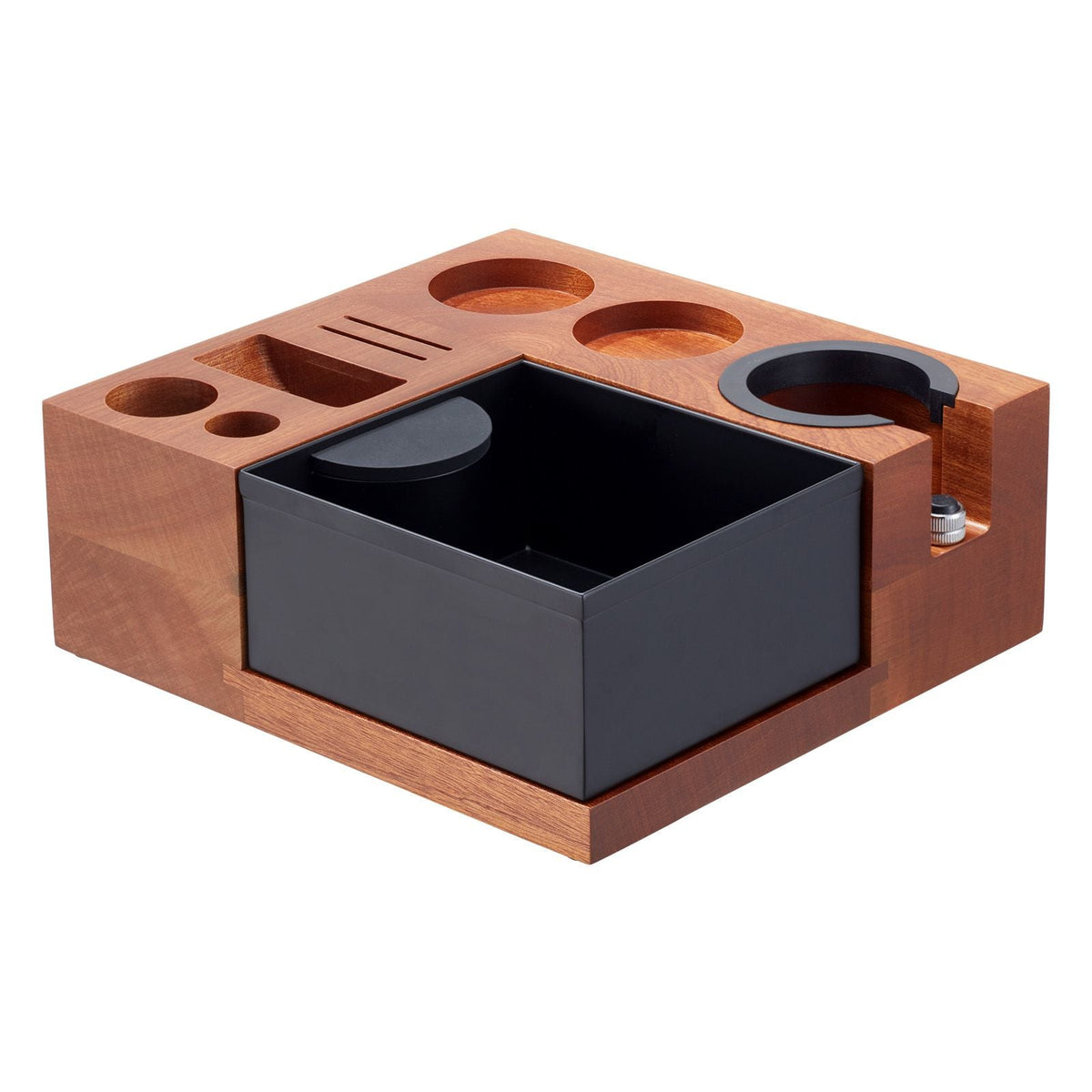 Espresso Tamping Station, Sapele Wood, 9-in-1 Multifunctional Tamping Station with Detachable Slot, Easy to Clean Espresso Knock Box with Non-Slip Base, Fits for 51-58 mm Handles
