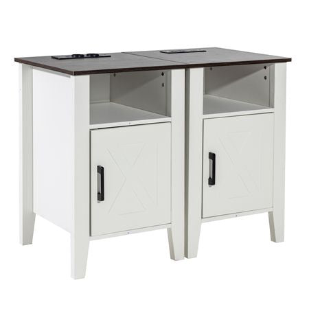 Farmhouse End Table Set of 2, Nightstand with Charging Station, 3 Tiers Side Table with Storage Cabinet, End Table with USB Ports and Outlets, Ideal for Living Room, Bedroom, Office, White