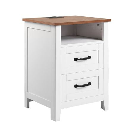 Farmhouse Nightstands, with Charging Station, Set of 2, End Tables with 2 Drawers and Open Shelf, Bedside Storage Cabinets, Rustic Side Tables with USB Port, for Bedroom, Living Room, White