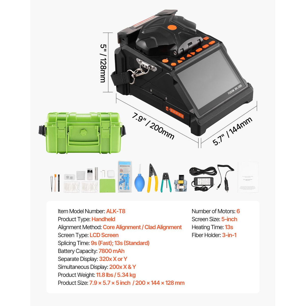 Fiber Fusion Splicer 6 Motors, Core & Clad Alignment Fibers Optic Splicer with 6s Fast Splicing and 13s Heating, 5" LCD Screen, 3 in 1 Fiber Holder, 7800mAh Battery for SM MM DS NZDS Fibers