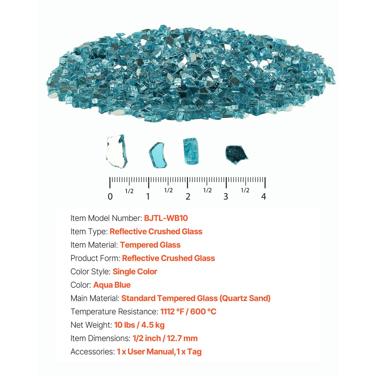 Fire Glass, 10 LBS / 4.5 KG High-Temperature Resistant Fireplace Rocks, 1/2-Inch / 12.7 mm Reflective & Smokeless Firepit Glass Rock, High Luster Stone Landscaping for Fire Pit Table, Aqua Blue