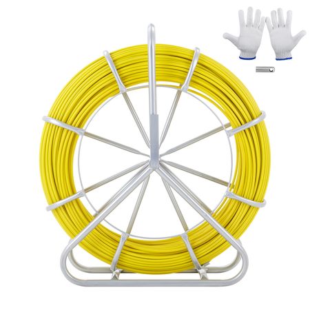 Fish Tape Fiberglass, 425 ft, 1/4 inch, Duct Rodder Fishtape Wire Puller, Cable Running Rod with Steel Reel Stand, 3 Pulling Heads, Fishing Tools for Walls and Electrical Conduit, Non-Conductive