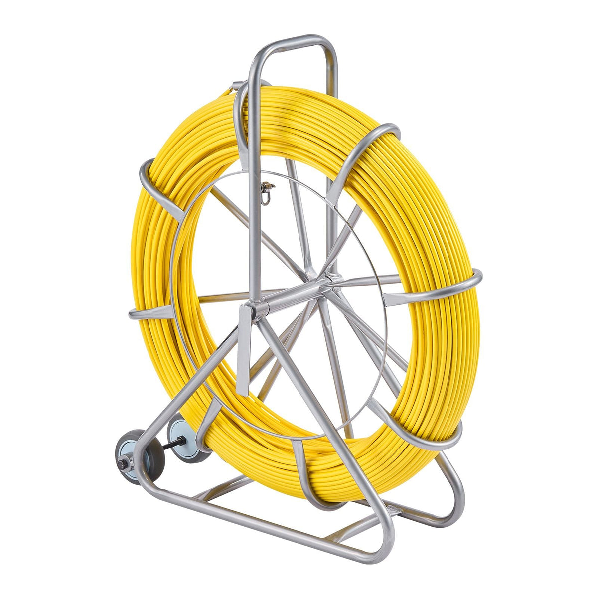 Fish Tape Fiberglass, 656 ft, 5/16 in, Duct Rodder Fishtape Wire Puller, Cable Running Rod with Steel Reel Stand, 3 Pulling Heads, Fishing Tools for Walls and Electrical Conduit, Non-Conductive