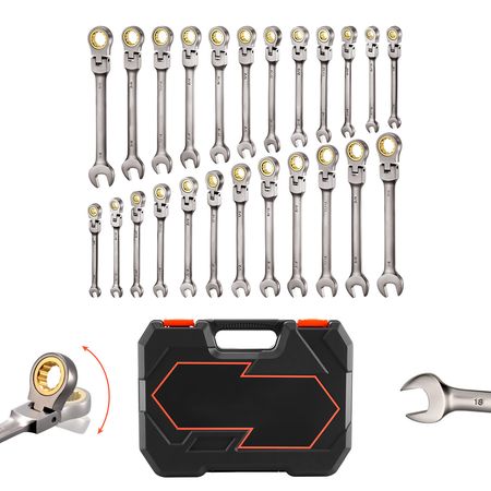 Flex-Head Ratcheting Wrench Set, 24-Piece SAE and Metric, 72 Teeth, Cr-V Steel Ratchet Flexible Combination Wrench Set with Storage Case, for General Household, Automotive Repairs, Gray Nickel