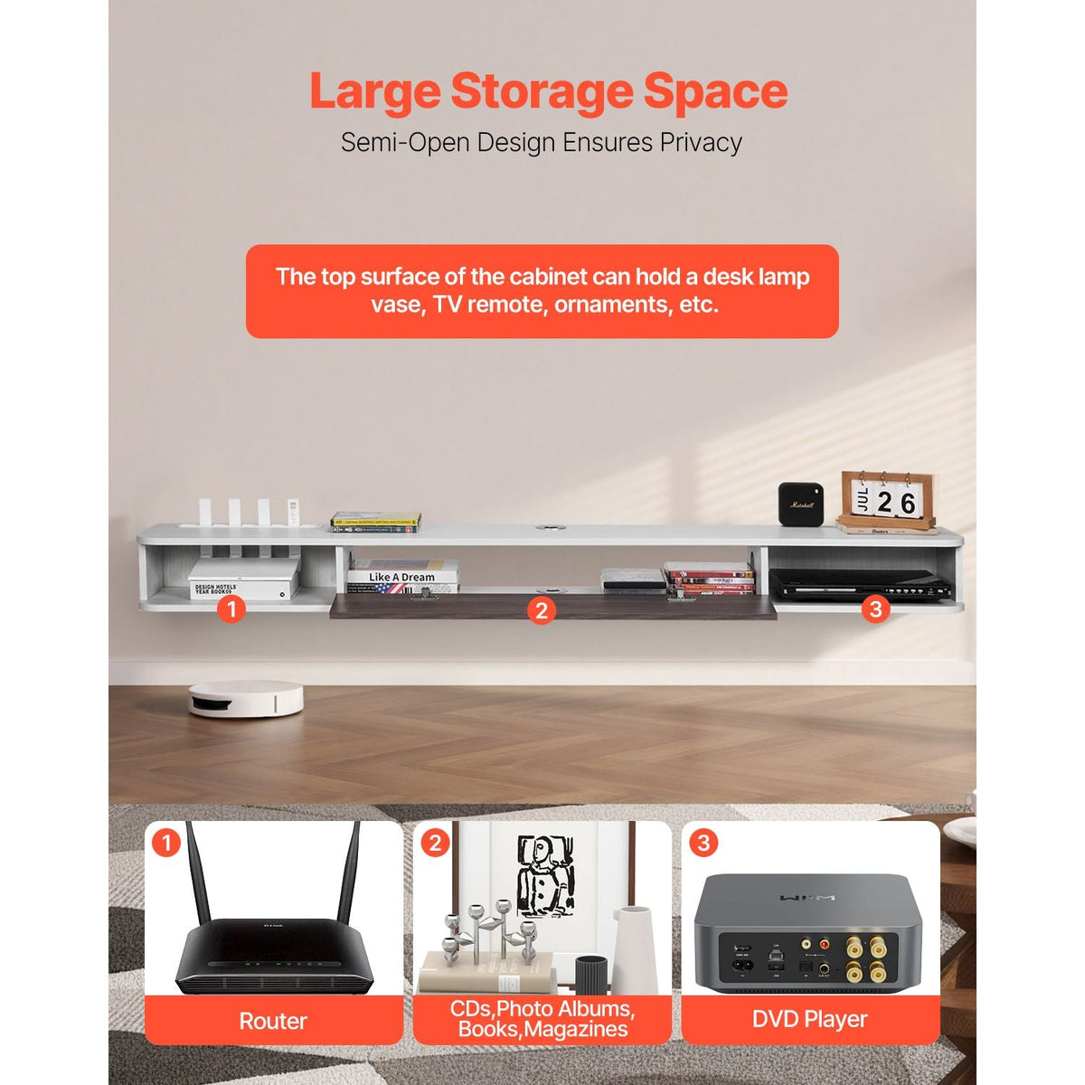 Floating TV Stand, 70 in Wall Mount Entertainment Center with Cable Hole, Modern Floating TV Shelf with Storage Cabinet, Particle Board Console for DVD Player, Cable Box, Game Console, White