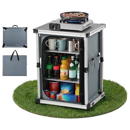 Folding Camping Storage Cabinet, Outdoor Portable Aluminum Lightweight Table, Quick Set-up Compact Kitchen Cook Station, with 3 Shelves and Carry Bag, for Picnic, BBQ, Camping, RV Traveling