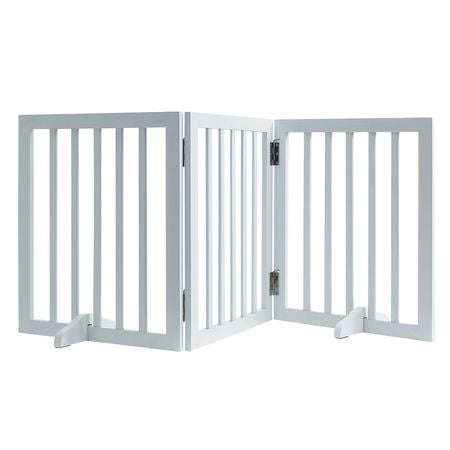 Free Standing Dog Gate, 24" H x 60" W Freestanding Pet Gate, 3 Panels Foldable Dog Gate for Wide and Narrow Passageways, Expandable Dog Barrier with Silent Foot Support for Indoor, White