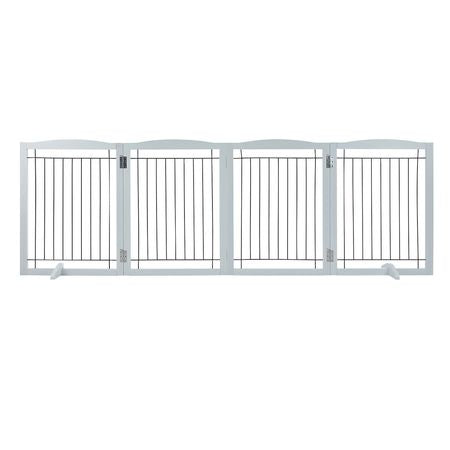 Free Standing Dog Gate, 32" H x 96.5" W Freestanding Pet Gate, 4 Panels Foldable Dog Gate for Wide and Narrow Passageways, Expandable Dog Barrier with Silent Foot Support for Indoor, White