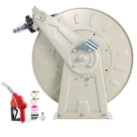 Fuel Hose Reel, 1 inch x 50 ft Retractable, Spring Driven Auto Swivel Rewind, 300 PSI, Heavy-Duty Carbon Steel Construction with Industrial Grade Rubber Hose, for Diesel Fuel, Kerosene