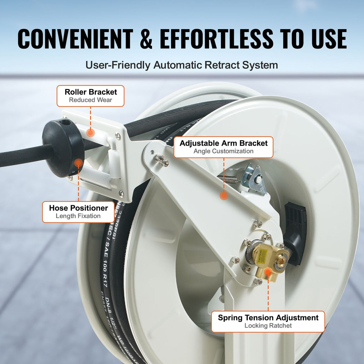 Fuel Hose Reel, 1/2" x 50', Extra Long Retractable Machine Oil Hose Reel, Spring Driven Auto Swivel Rewind, Heavy-Duty Carbon Steel Construction with Hose for Auto Repair, Industries, 2300 PSI