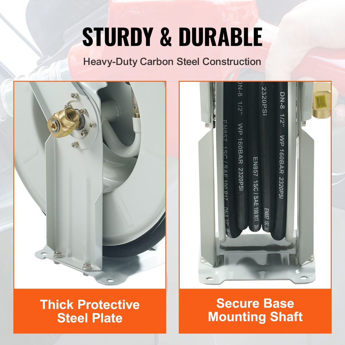 Fuel Hose Reel, 1/4" x 50', Extra Long Retractable Grease Hose Reel, Spring Driven Auto Swivel Rewind, Heavy-Duty Carbon Steel Construction with Hose for Auto Repair, Heavy Industries, 5800 PSI