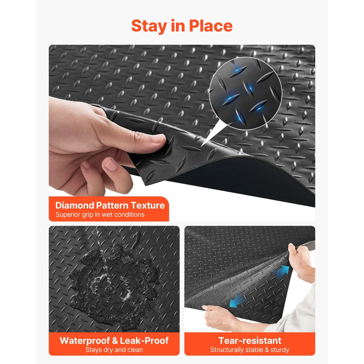 Garage Floor Roll, 4 x 10 ft Garage Flooring Mat, 2.2 mm Thickened PVC Diamond Plate Floor Protector Mat with Double-sided Tape, Non-Slip, Easy to Clean for Warehouse, Gyms, Trailer, Black