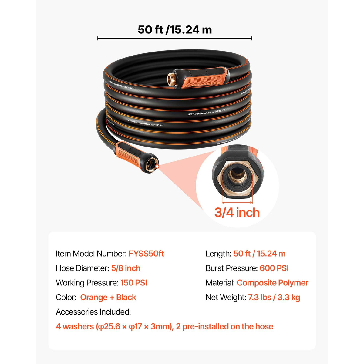 Garden Hose, 50 ft 5/8" Heavy Duty 4-Layer Rubber Water Hose, 150PSI Working & 600PSI Burst, Flexible & Non-kink Outdoor Waterhose with 3/4" Fitting, Lightweight Hoses for Gardening Cleaning