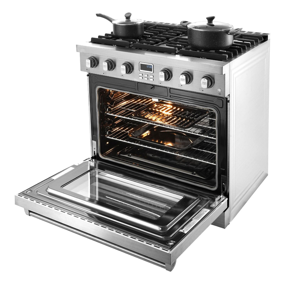 Gas Range Oven, 35.9 Inches Width, Freestanding Stainless Steel Stove and Oven with 6 Sealed Cooktop Burners, Easy Reach Racks, Halogen Light, 6.0 Cu. Ft. Capacity, for Apartment, Home, Kitchen