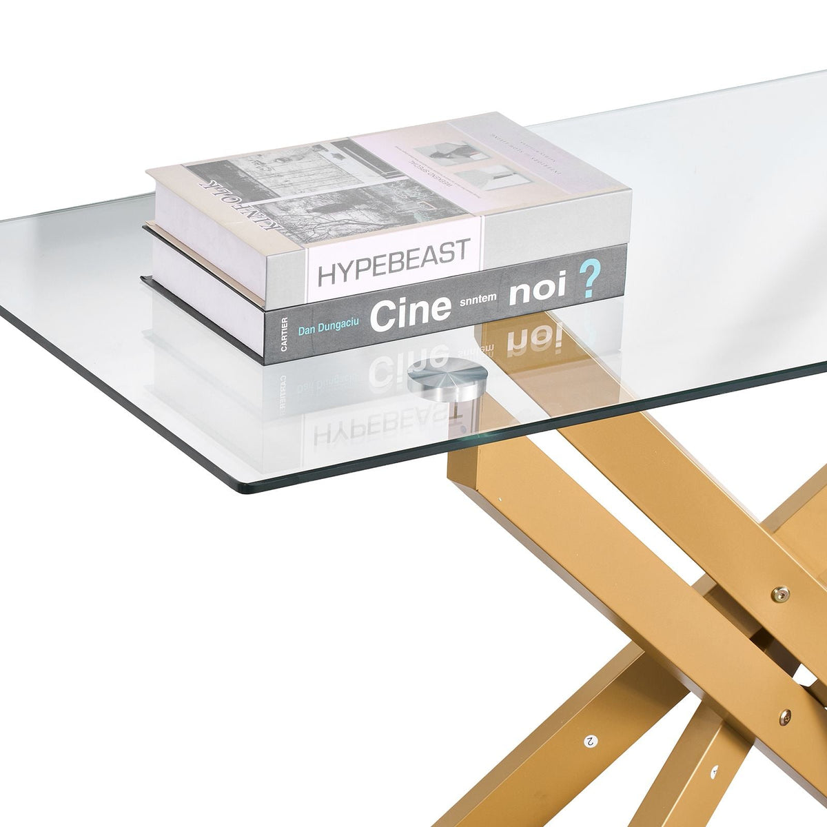 Glass Coffee Table, Modern Rectangle Sofa Side Table with Tempered Glass Top & Iron Cross-Legs, Golden Geometric Consloe Desk with Adjustable Anti-slip Foot Pads for Living Room, Entryway, Foyer