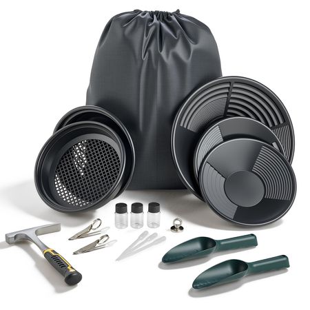 Gold Panning Kit, 10 in and 14 in Pans, 19 PCS Portable Prospecting Equipment Kit with Classifier Sieves, Sand Magnet, Rock Pick, Scoops, Backpack, and Accessories, for Outdoor Gold Recovery