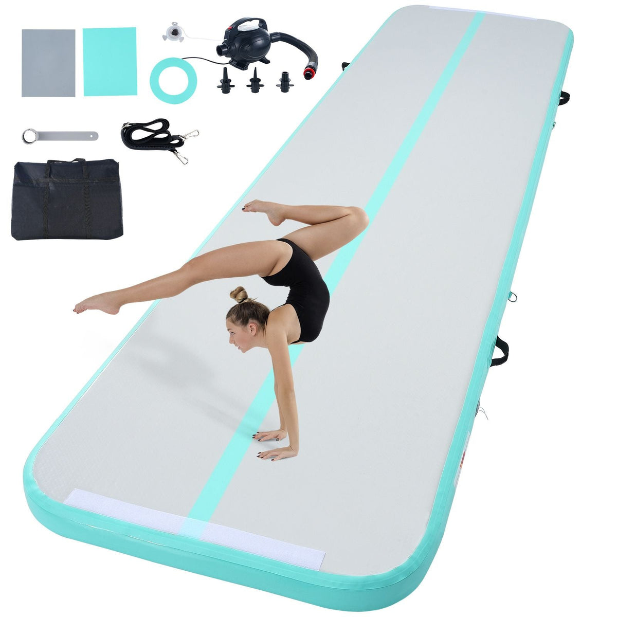 Gymnastics Air Mat, 4 inch Thickness Inflatable Gymnastics Tumbling Mat, Tumble Track with Electric Pump, Training Mats for Home Use/Gym/Yoga/Cheerleading/Beach/Park/Water, 13 ft, Mint Green