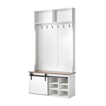 Hall Tree with Bench and Shoe Storage, 42" Wide, Entryway Hall Tree with Bench, Hanging Hooks, Storage Shelves, Adjustable Shoe Shelves, Wooden Furniture for Mudroom, Entryway, Hallway, White
