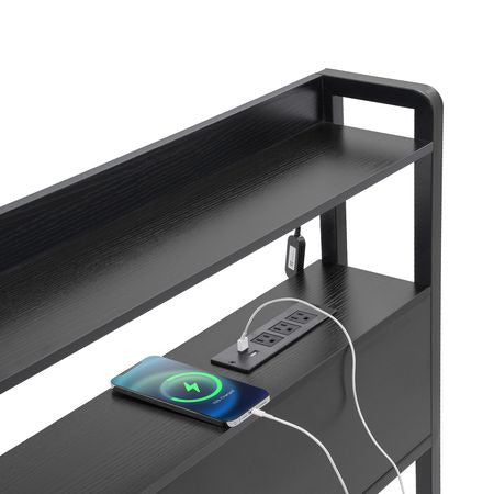 Headboard for Queen Size Bed, Adjustable Height Headboard with 2 Shelves Storage, Freestanding Head Board with Charging Station and LED Light for Different Bed Frames, Easy Assembly, Black