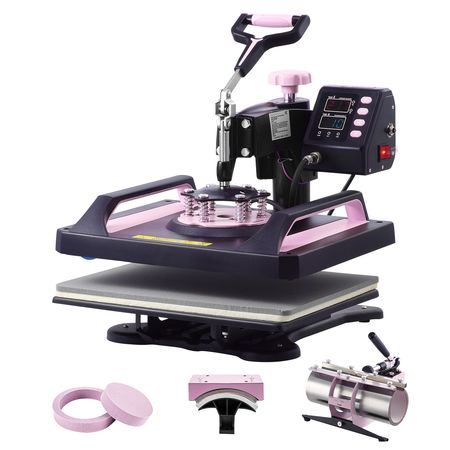 Heat Press Machine, 12 x 15 inch, 5 in 1 Heat Transfer Machine with 30 oz Tumbler Press, 360° Swing Away Digital T-Shirt Pressing, Teflon Coating, for T-Shirts/Mugs/Hats/Plates, Black+Pink