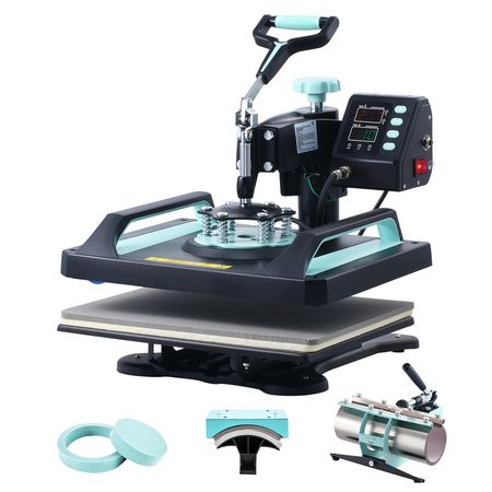 Heat Press Machine, 12 x 15 inch, 5 in 1 Heat Transfer Machine with 30oz Tumbler Press, 360° Swing Away Digital T-Shirt Pressing, Teflon Coating, for T-Shirts/Mugs/Hats/Plates, Black+Green
