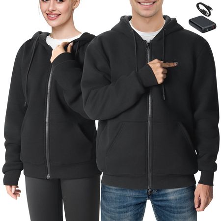 Heated Hoodie, Unisex Heated Sweatshirt with Battery Pack 7.4V, Zip Up Electric Jacket with 5 Heating Zones for Men & Women, Lightweight Warm Heated Outdoor Pullover for Camping, S Size Black