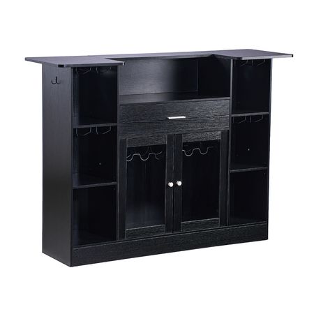 Home Bar Unit, Wine Bar Cabinet Table 4-Tier with Storage Drawer Shelves, Wine Glass Holder, Bottle Rack, LED Light, Wood & Metal Liquor Cabinet for Home, Basement, Kitchen, Living Room, Black