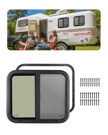 Horizontal RV Window, 24" W x 20" H Tinted Sliding RV Window with Net Screen & Trim Ring, Fit 15/16"-1 3/4" Thickness Wall, RV Window Replacement for Teardrop Cargo Trailer Camper, DOT Approved