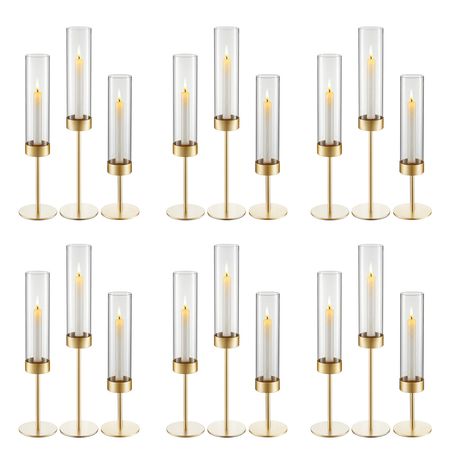 Hurricane Candle Holders Set of 18, Gold Metal Stand with Clear Glass Cylinders, Elegant Tiered Centerpieces Wind Protection for Wedding, Table Centerpieces, Party, Home Decor, Modern Style