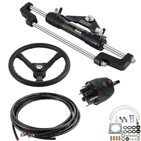 Hydraulic Boat Steering Kit, 300HP Hydraulic Steering Kit Helm Pump, Cylinder, Wheel, 18 Feet Hose Hydraulic Steering Seal Kit, Corrosion-Resistant Boat Steering System Marine Steering Kit