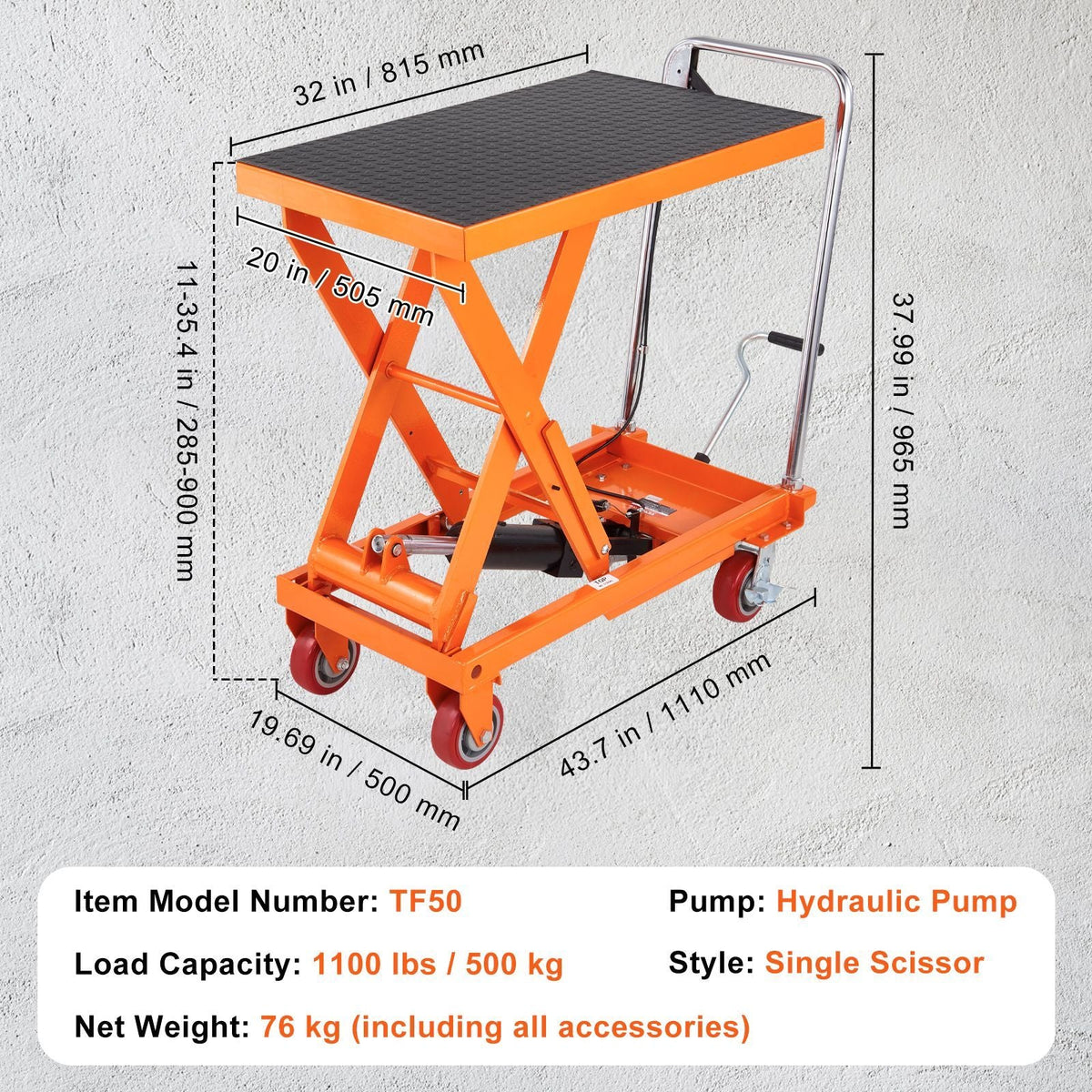 Hydraulic Lift Table Cart, 1100lbs Capacity 35.4" Lifting Height, Manual Single Scissor Lift Table with 4 Wheels and Non-slip Pad, Hydraulic Scissor Cart for Material Handling and Transportation