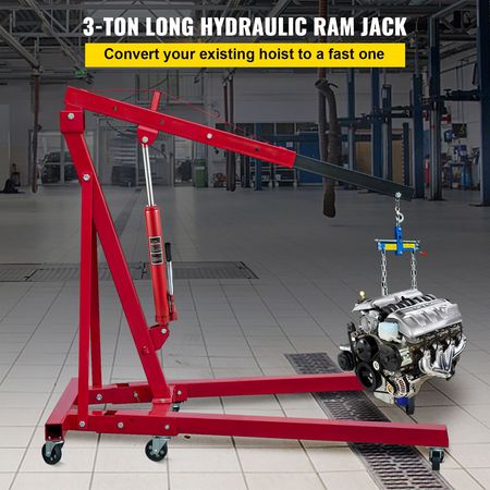 Hydraulic Long Ram Jack, 3 Tons/6600 lbs Capacity, with Single Piston Pump and Clevis Base, Manual Cherry Picker with Handle, for Garage/Shop Cranes, Engine Lift Hoist, Red(Only Jack)